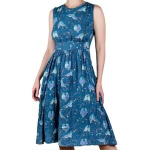 Emily and Fin Bird Print Sleeveless‎ Midi Dress Blue XS